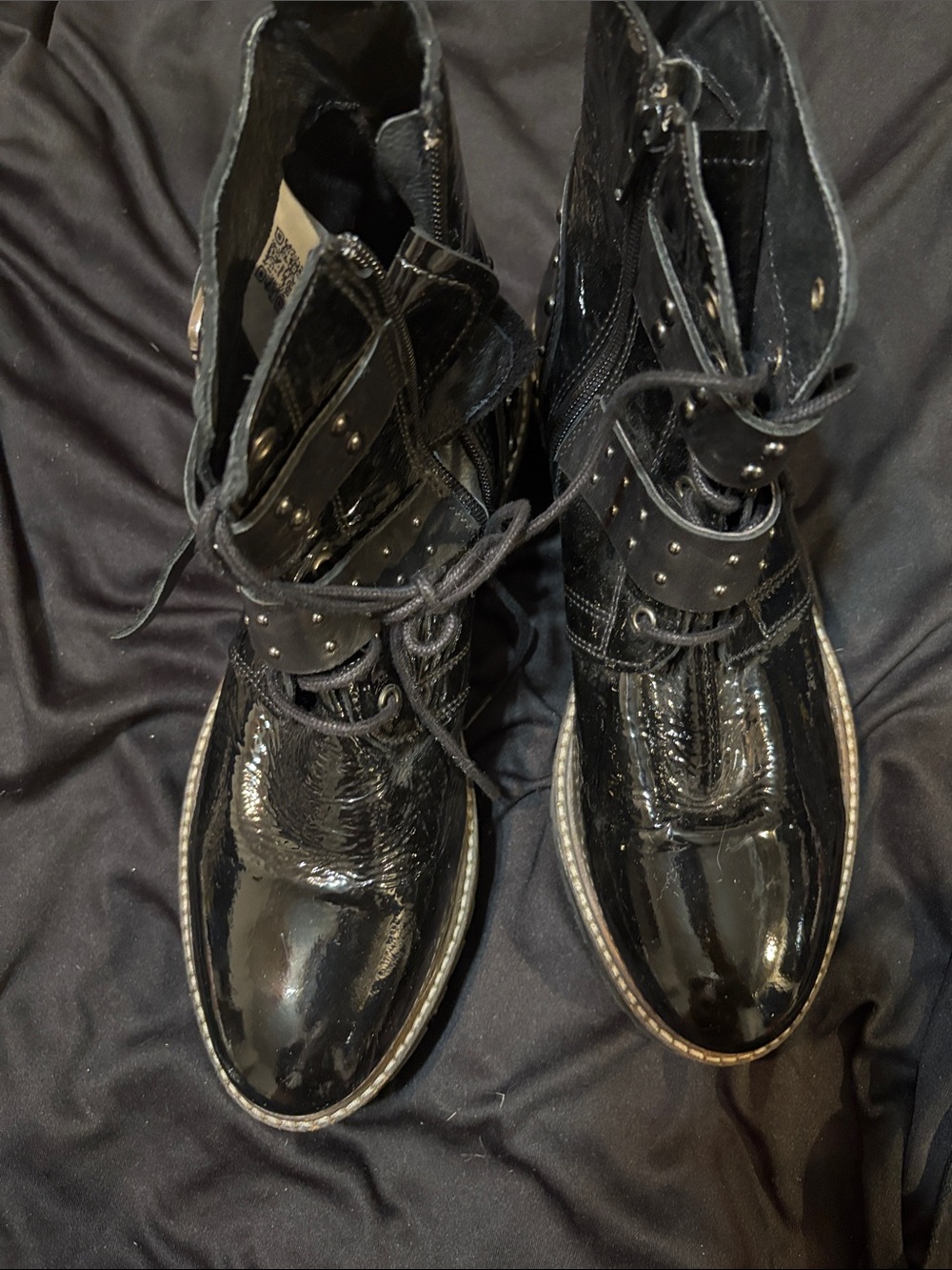 Pajar Black Patent Leather Lace-Up Combat Boots with Stud Accent